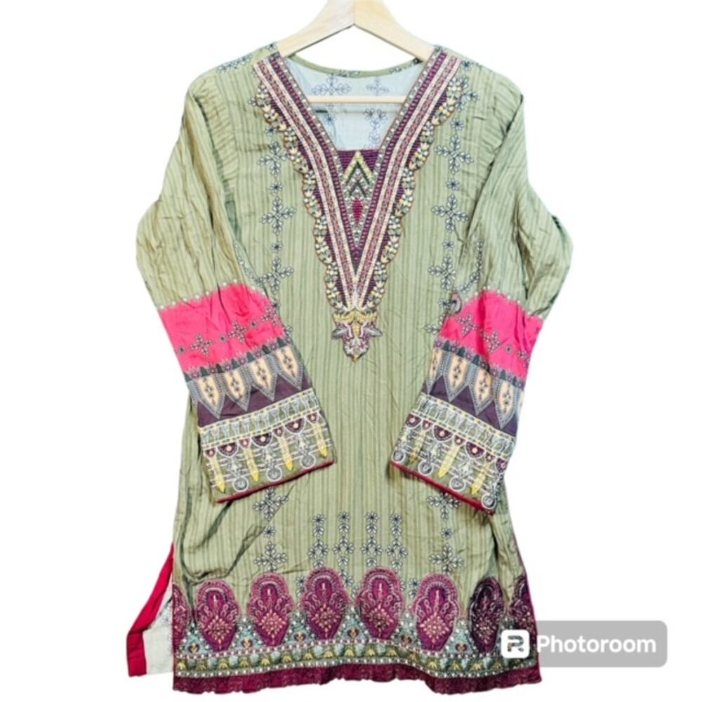 Olive Embroidered Floral Pakistani Salwar Kameez Tunic Heavy Rayon Sz S